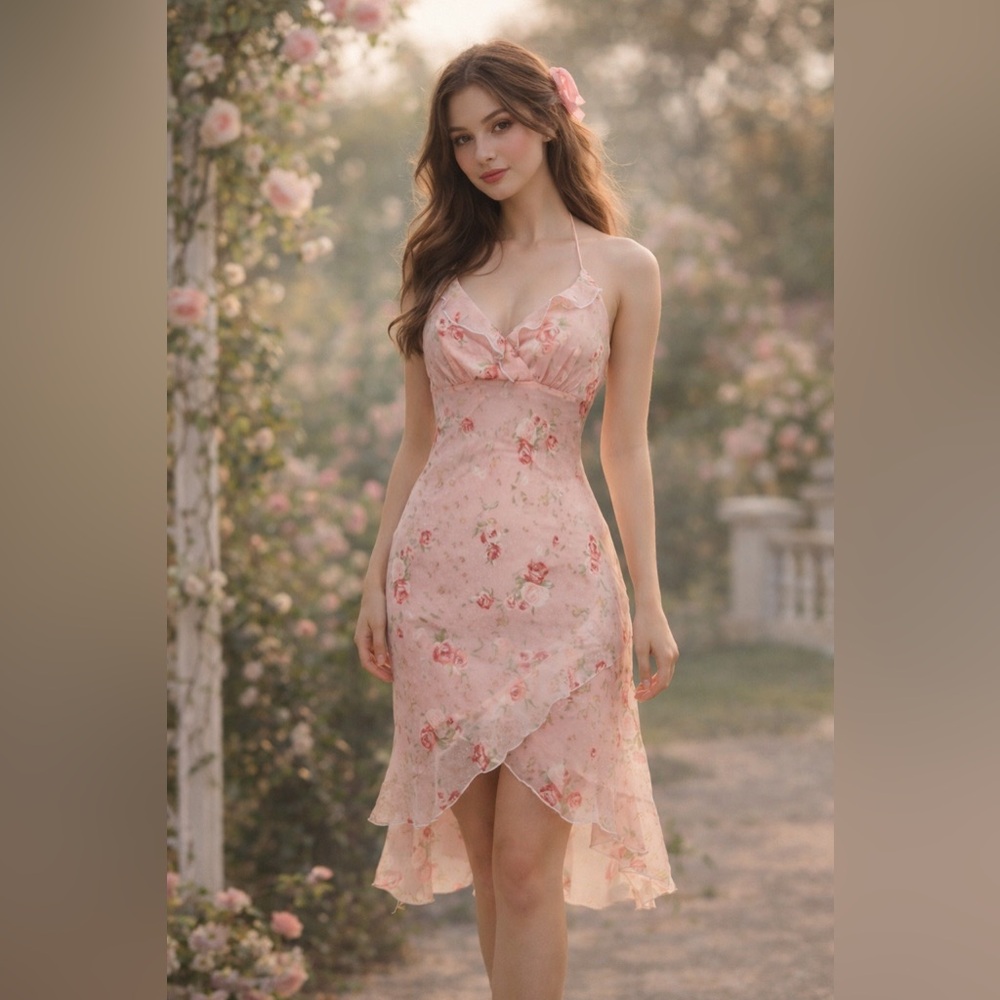 Vintage Y2K Dress 5 Pink Rose Floral Babydoll Coquette Romantic Fairycore Halter